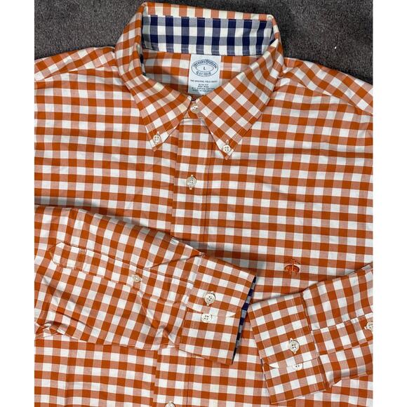 Brooks Brothers Mens L Orange Gingham Button Down Non Iron Supima Cotton Shirt - Picture 6 of 13
